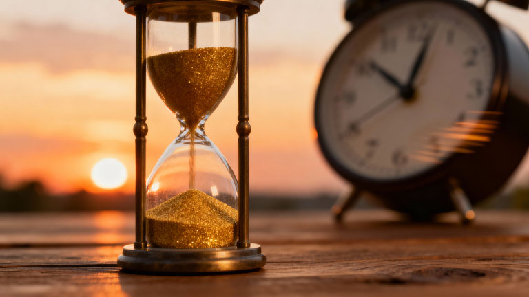 Sanduhr mit fließendem Sand vor einem Sonnenuntergang und einer verwischten Uhr im Hintergrund – Sinnbild für das Vergehen der Zeit.