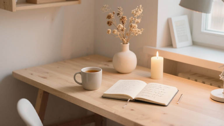 Gemütlicher Schreibtisch mit brennender Kerze, offenem Journal und Tee in entspannter Atmosphäre