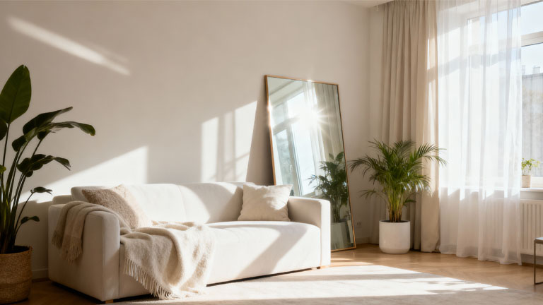 Helles kleines Wohnzimmer mit Tageslicht, weißen Vorhängen und minimalistischer Einrichtung