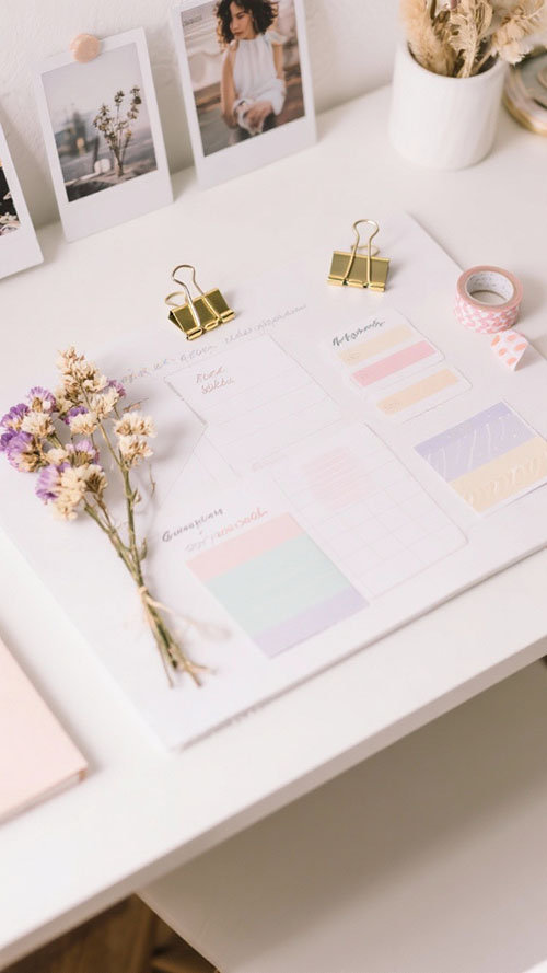 Kreatives Moodboard mit Fotos, Trockenblumen und Papieraccessoires auf hellem Tisch