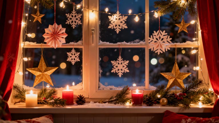 Weihnachtliche Fensterdeko mit Licht, Papiersternen und Tannenzweigen
