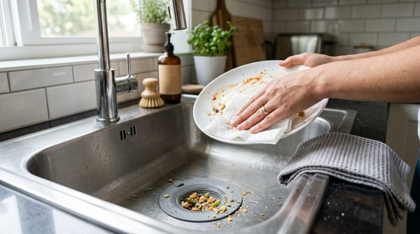 Silikon-Abflusssieb in einer Küchenspüle fängt kleine Essensreste auf