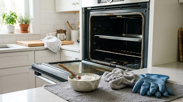 Geöffneter Backofen mit Schale Natronpaste und Reinigungstuch davor