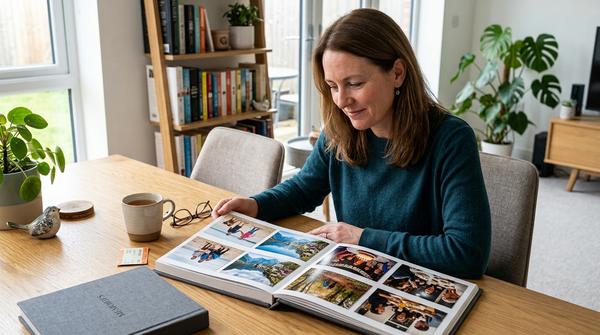 Erwachsene Person betrachtet Fotos verschiedener Erlebnisse in einem Fotoalbum