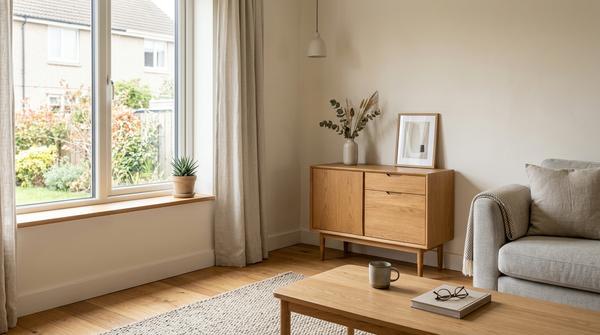 Kleiner Wohnbereich mit weitgehend freier Tischfläche, Fensterbank und Kommode
