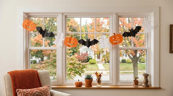 Selbst gebastelte Halloween-Faltgirlande aus Papier an einem Fenster