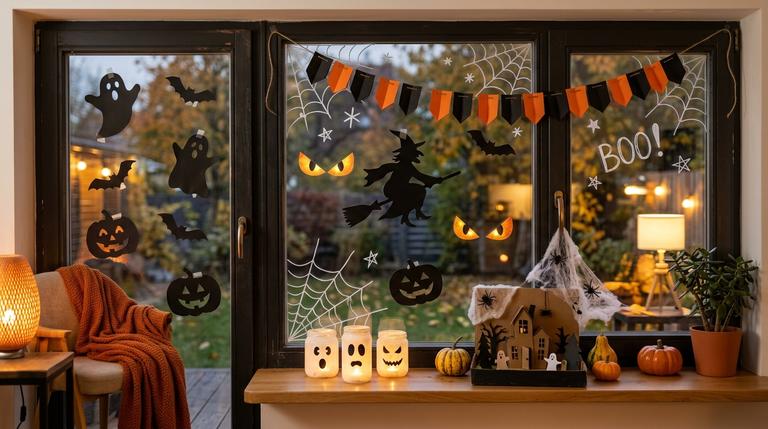 Selbst gemachte Halloween-Fensterdeko mit 8 Bastelideen an einem dekorierten Fenster