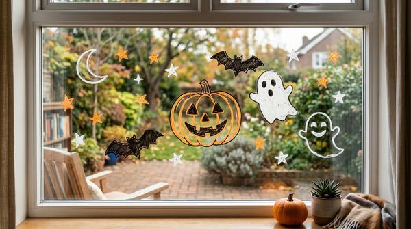 Handgemalte Halloween-Motive auf einem Fenster mit abwaschbaren Stiften