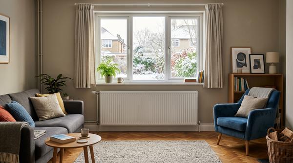 Großer normaler Heizkörper steht frei unter einem Fenster in einem modernen Altbau