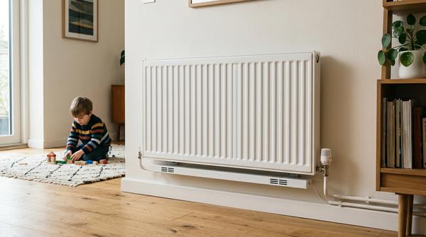 Schmale Heizkörper-Ventilatoren sind unauffällig unter einem normalen Heizkörper montiert