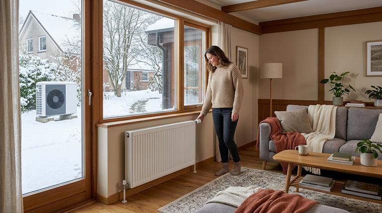Modernisiertes Altbau-Wohnzimmer mit normalem Heizkörper und Wärmepumpe im Winter