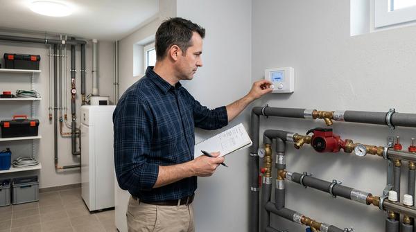 Hausbesitzer prüft die Einstellungen einer Wärmepumpe und dokumentiert Änderungen