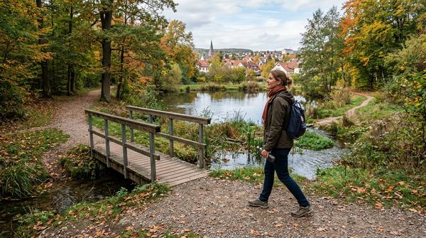 Erwachsene Person entdeckt bei einem Spaziergang einen neuen Weg