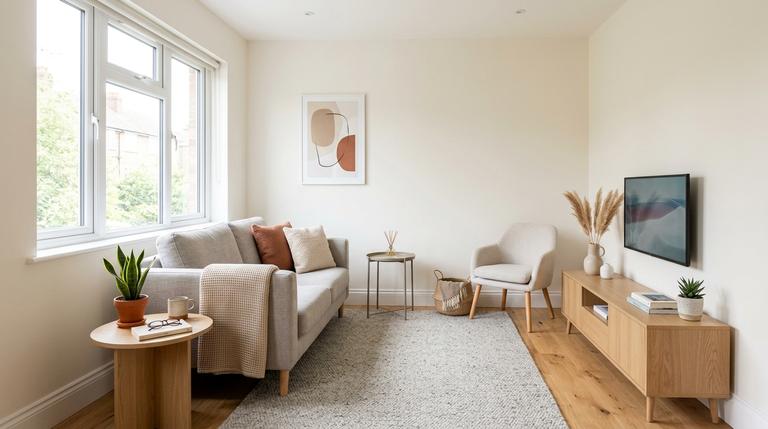 Kleines modernes Wohnzimmer mit luftigem und ruhigem Einrichtungskonzept