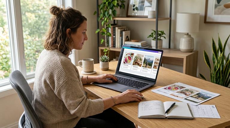 Content Creator plant verschiedene Pinterest-Pin-Entwürfe an einem modernen Arbeitsplatz