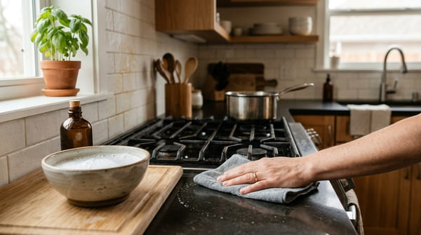 Hand wischt eine Küchenarbeitsfläche mit einem feuchten Tuch und Spülwasser ab
