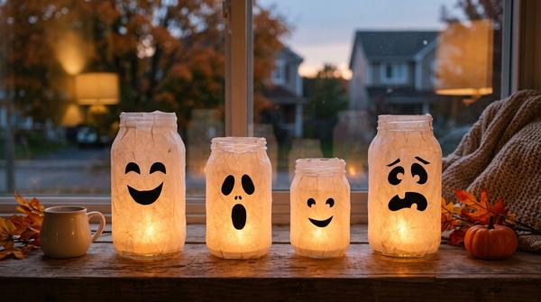 Selbst gebastelte Geistergläser mit LED-Licht auf einer Halloween-Fensterbank
