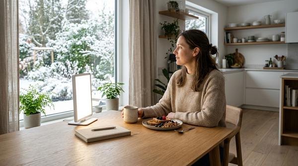 Erwachsene Person beim Frühstück an einem hellen Wintermorgen mit Tageslichtlampe