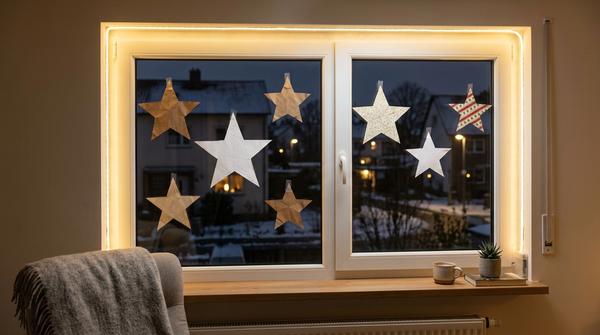 Warmweiße LED-Lichterkette mit selbst gebastelten Papiersternen am Fenster