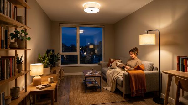 Kleiner Raum mit Deckenlicht, Stehlampe und Tischlampe in mehreren Lichtebenen