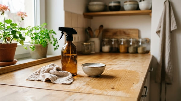 Glas-Sprühflasche und Putztuch auf einer sauberen Küchenarbeitsfläche