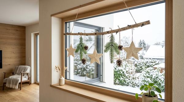 Leichter Zweig mit Zapfen, Tannengrün und selbst gemachten Papiersternen am Fenster