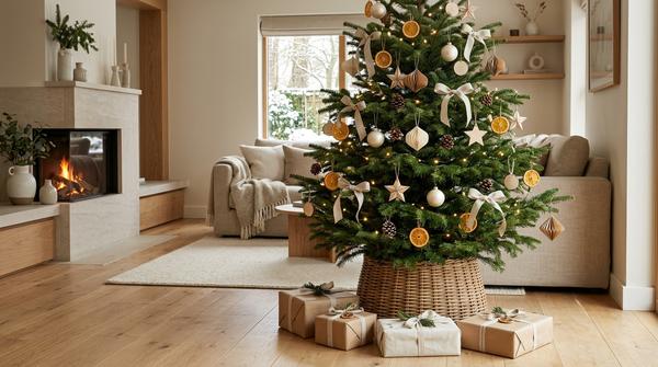 Moderner Weihnachtsbaum mit Holzanhängern, Orangenscheiben, Leinen und cremefarbener Deko