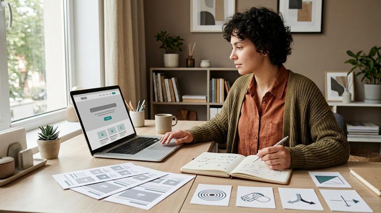 Content Creator plant eine klar strukturierte Online-Marketing-Seite an einem modernen Arbeitsplatz