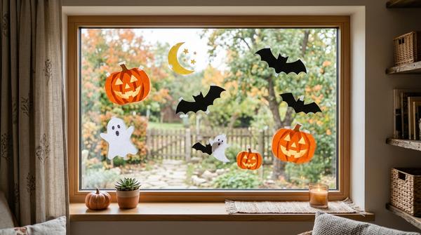 Selbst gebastelte Halloween-Fensterbilder aus Papier mit Kürbissen und Geistern