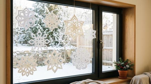 Selbst ausgeschnittene Papier-Schneeflocken in verschiedenen Größen am Fenster