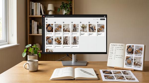 Moderner Arbeitsplatz mit Kalender, Pin-Entwürfen und strukturierter Content-Planung