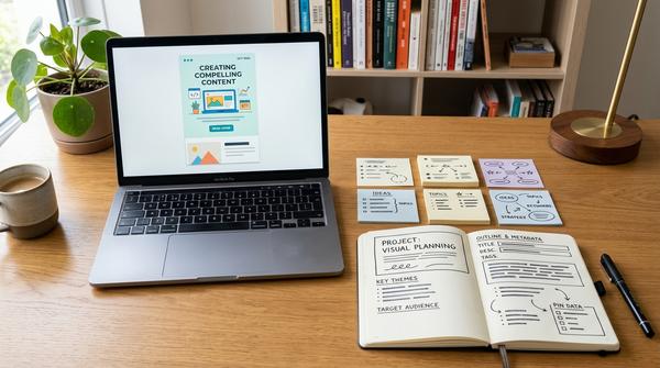 Arbeitsplatz mit Pin-Entwurf und Notizen zur Planung von Thema, Titel und Beschreibung