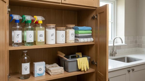 Ordentlicher Putzschrank mit wenigen Sprühflaschen, Hausmitteln, Tüchern und Handschuhen