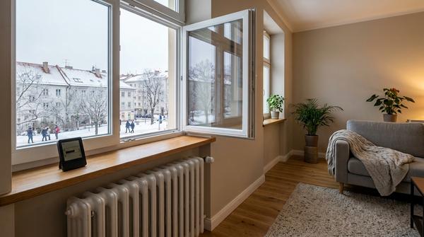 Geöffnetes Fenster im Winter mit kleinem Thermo-Hygrometer im Raum