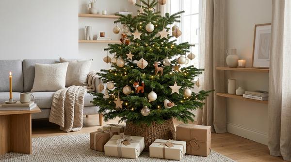 Scandi Weihnachtsbaum mit cremefarbenen Kugeln, Holzanhängern und warmweißem Licht