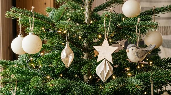 Cremefarbene Weihnachtskugeln, Holzstern und Papierornament an einem Tannenzweig