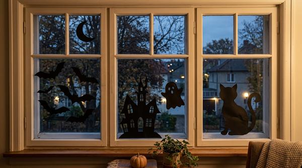 Selbst gebastelte schwarze Halloween-Silhouetten an einem Fenster