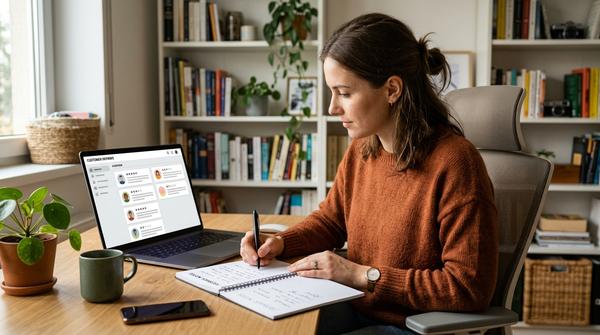 Content Creator wertet neutrale Kundenbewertungen an einem Laptop aus