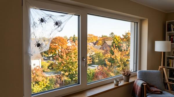 Selbst gemachte Halloween-Spinnweben aus Watte mit schwarzen Papier-Spinnen