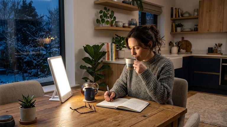 Frau nutzt an einem dunklen Wintermorgen eine Tageslichtlampe beim Frühstück