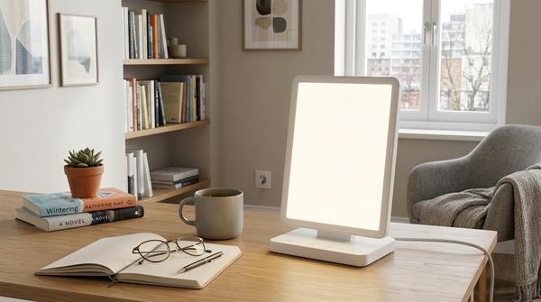 Kompakte Tageslichtlampe mit stabiler Standfläche auf einem modernen Tisch