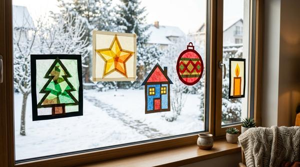 Selbst gebastelte Weihnachts-Fensterbilder aus Tonkarton und Transparentpapier