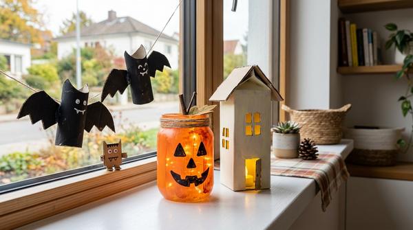 Selbst gebastelte Halloween-Upcycling-Deko aus Glas, Karton und Papprollen