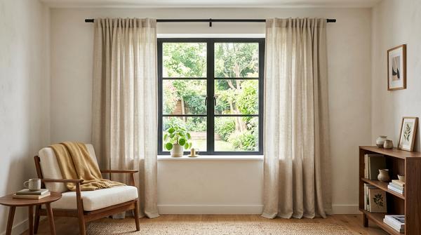 Leichte Vorhänge hängen etwas höher und breiter an einem Fenster in einem kleinen Raum
