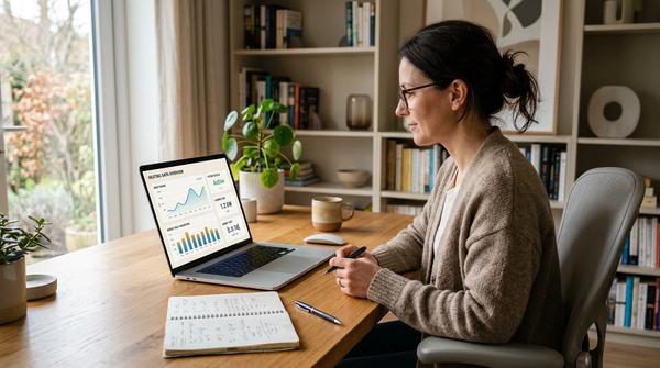 Hausbesitzer wertet Verbrauch und Heizungsdaten einer Wärmepumpe am Laptop aus