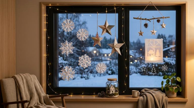 Selbst gemachte weihnachtliche Fensterdeko mit Papiersternen, Schneeflocken und Naturmaterialien
