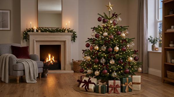 Weihnachtsbaum mit bordeauxfarbenen Kugeln, goldenen Ornamenten und Samtschleifen