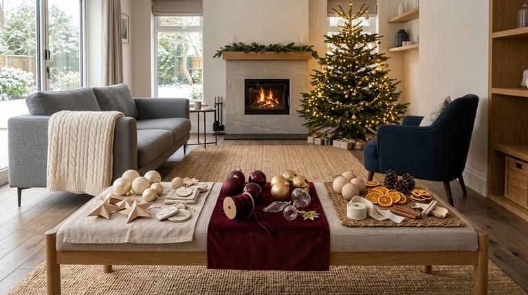 3 unterschiedliche Weihnachtsbaum-Dekorationen in Creme und Holz, Bordeaux und Gold sowie natürlichen Materialien
