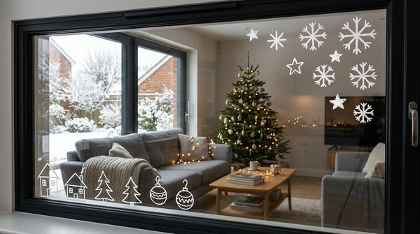 Handgemalte Schneeflocken, Sterne und Tannenbäume auf einer Fensterscheibe
