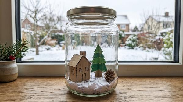 Selbst gebastelte trockene Winterlandschaft mit Papierhaus und Tannenbaum im Glas
